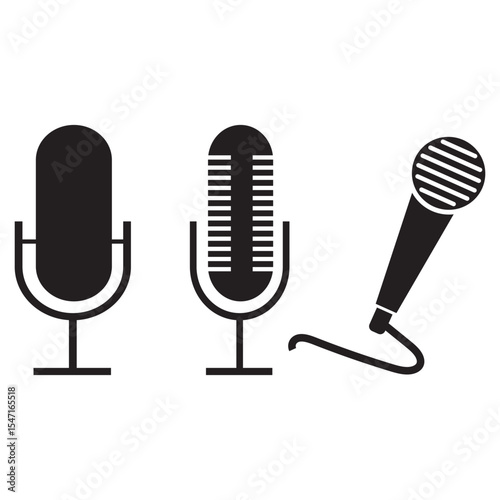 Microphone icon set. Different microphone collection. Podcast mike, journalist microphone, karaoke, conference and wireless variety types design. Eps 10