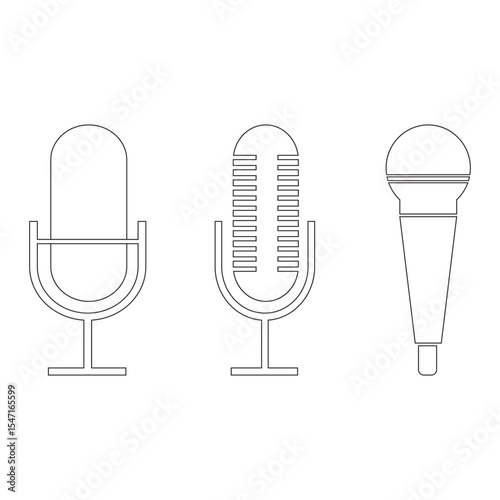 Microphone icon set. Different microphone collection. Podcast mike, journalist microphone, karaoke, conference and wireless variety types design. Eps 10