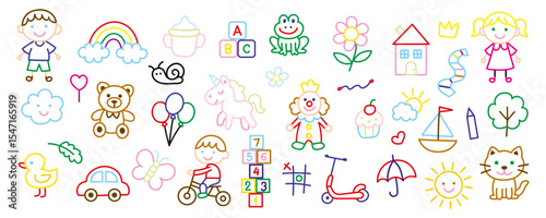 Preschool kindergarten doodle line seamless pattern. Cute daycare hand drawn elements. Vector illustration