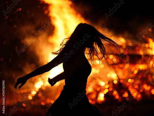 silhouette of a woman dancing in a fire flame . Generative AI