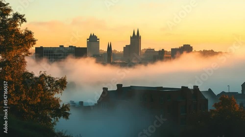 Misty Cityscape at Sunrise