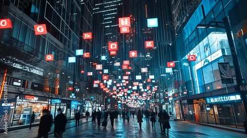 Wallpaper Mural Nighttime urban street filled with colorful floating signs, bustling crowd walking beneath glowing lights Torontodigital.ca