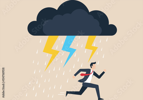 Businessman running under a stormy cloud with lightning strikes, metaphor for challenges, overcoming obstacles, and fast decision-making, illustrating urgency in professional or personal life.