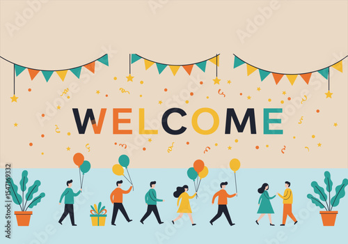 Welcome party celebration with people holding balloons, festive decorations, stars, and flags creating a cheerful atmosphere, group of people walking, offering gifts, and spreading joy.