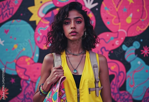 Teen in a yellow vest holding a colorful reusable tote bag against a vibrant mural