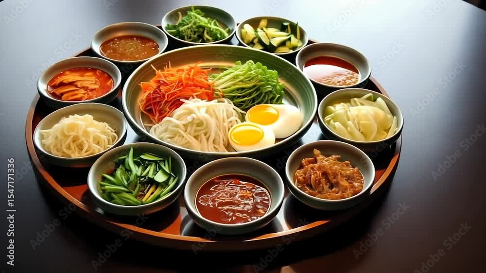 Traditional Korean Bibimbap with Fresh Vegetables and Eggs Traditional Korean Bibimbap with Fresh Vegetables and Eggs