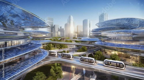 A futuristic city skyline with advanced architecture and smart transportation systems, symbolizing innovation, urban development, and intelligent infrastructure. Ideal for sci-fi or technology.
