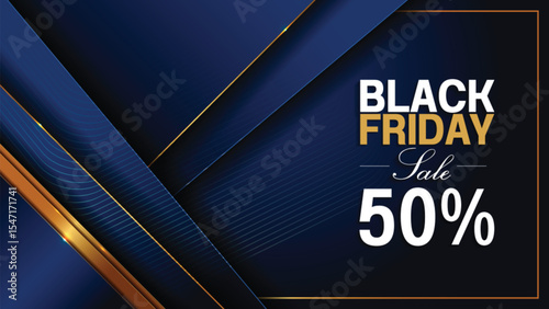 Black Friday sale 50 percent off blue and gold background, vertical banner template for social media promotion, digital marketing poster for product brand and store advertisement.