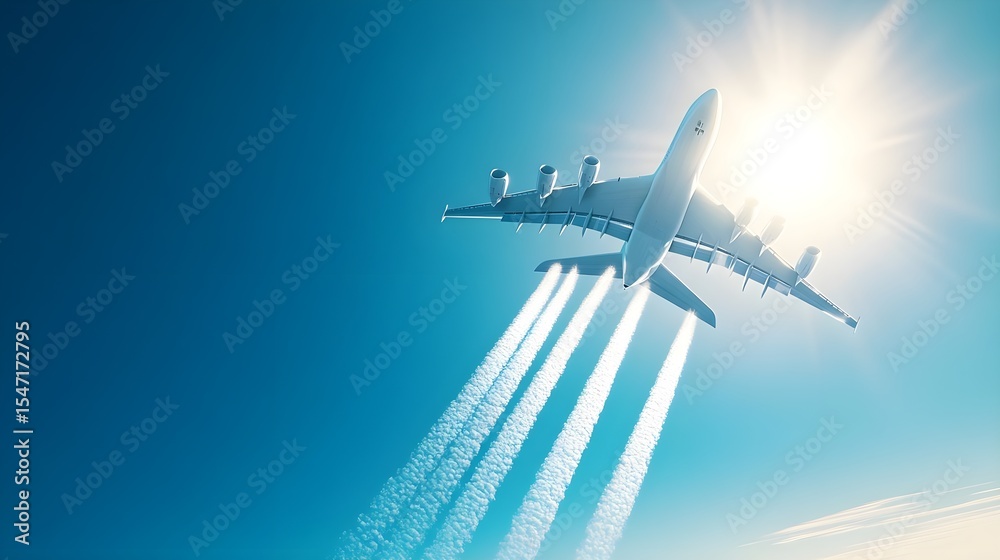 Fototapeta premium Airplane, Aeroplane, Aircraft, Airplane Flying High Above the Clouds in Bright Sunlight