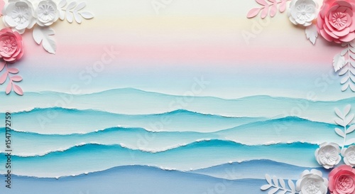 Pastel Paper Flowers Frame Ocean Waves Artwork