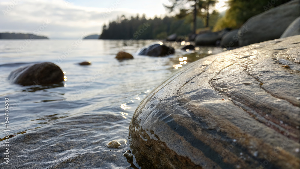 Fototapeta premium Wet rocks on a calm lake shore with trees and distant islands at sunset