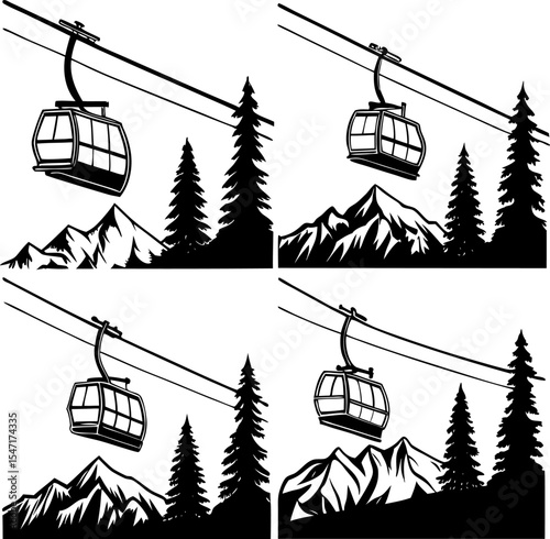 Ski resort vector illustration with ski lift silhouette and mountain landscape