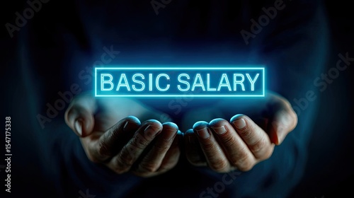 Minimum standard supports basic salary and wage adjustment concept. Hands holding glowing text of basic salary concept.