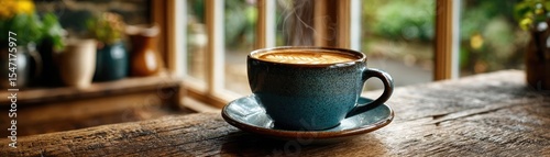 First sip with mellow coffee props concept. A stylish coffee cup on a wooden table by a sunny window.