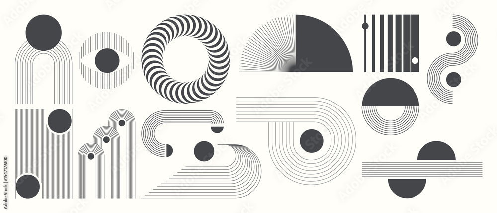 Abstract minimal element mid century vector set. Aesthetic contemporary stripe line art, geometric shape in monochrome. Art form design for wall art, decoration, wallpaper.