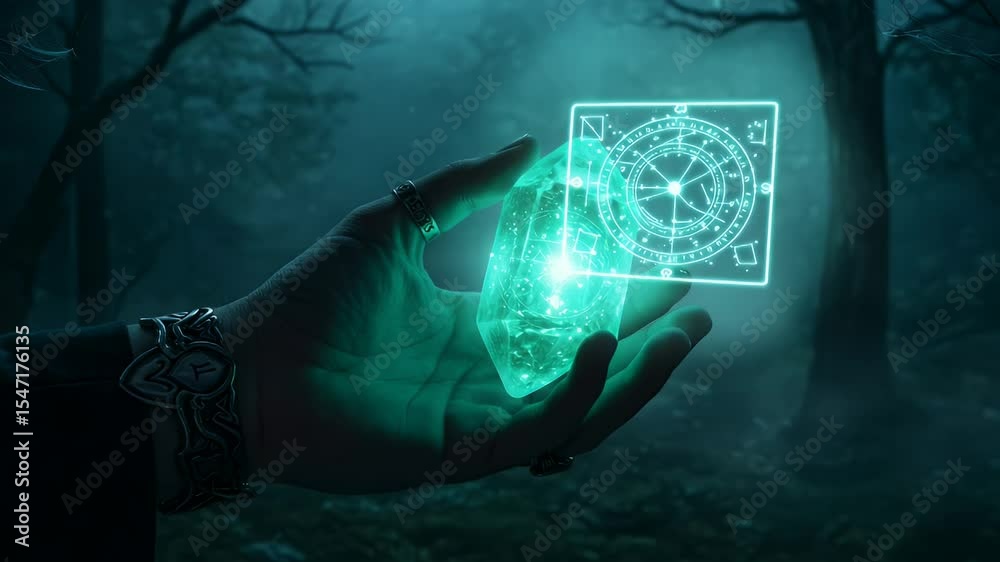 Hand holding glowing green crystal with digital interface overlay in a dark forest