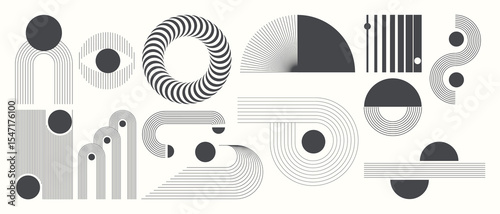 Abstract minimal element mid century vector set. Aesthetic contemporary stripe line art, geometric shape in monochrome. Art form design for wall art, decoration, wallpaper.