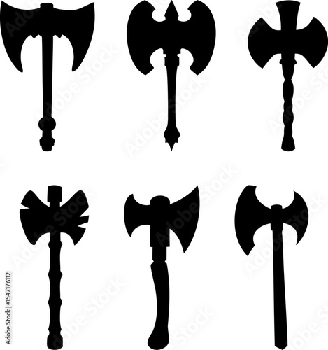 Set of vector axes tools with silhouette isolated on white background; axes silhouette  vector