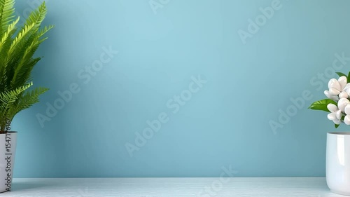 Potted green fern and white flowering plant on white surface with blue background