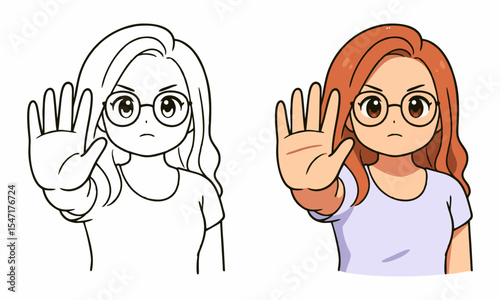 woman showing palm as stop sign coloring page for kids