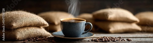 First sip with mellow coffee props concept. Steaming cup of coffee beside freshly roasted coffee beans.