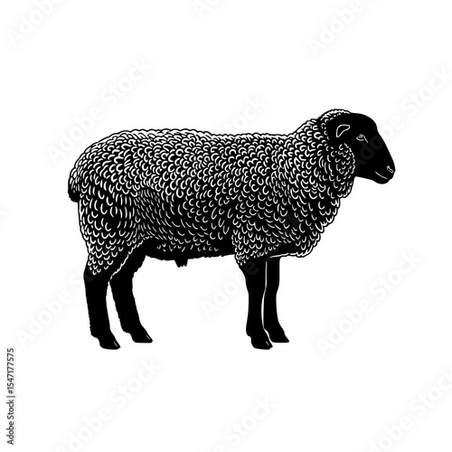A Black Sheep with Dark Wool and Horns Standing Calmly in a Field under a Sunny Sky