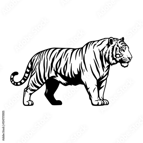 A Majestic Tiger Strolls Through the Jungle Depicted in a Striking Black and White Illustration