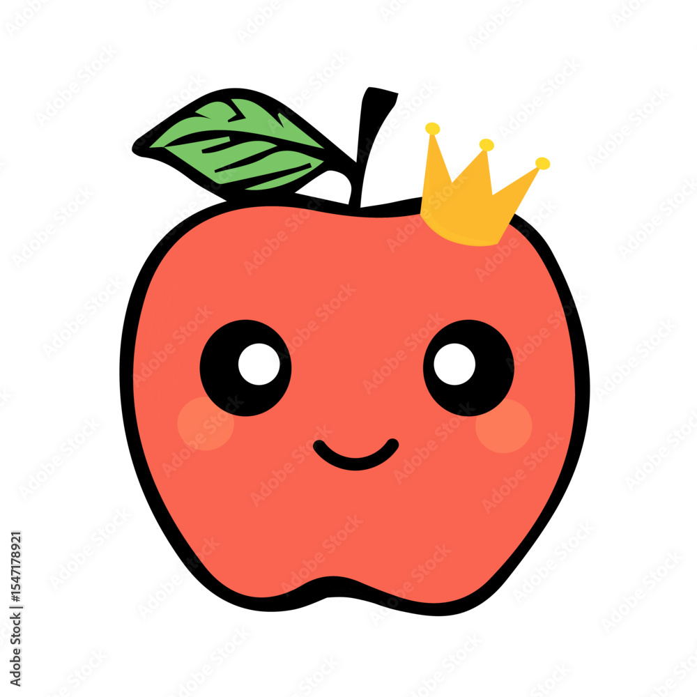 Obraz premium Happy cute apple with crown. Vector cartoon character in flat style isolated on white background.