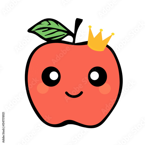 Happy cute apple with crown. Vector cartoon character in flat style isolated on white background.