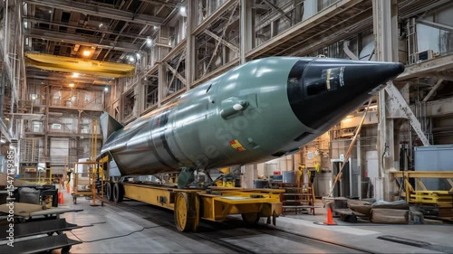 Intercontinental ballistic missile on transport platform inside military assembly hangar