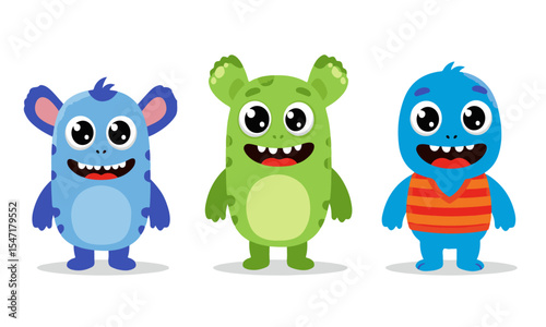 A playful illustration featuring three unique and vibrantly colored cartoon monsters with large eyes and friendly expressions, standing against a white background.