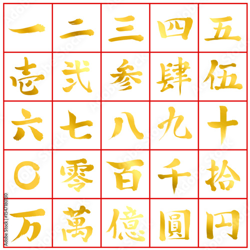 金色の手書きの筆文字_漢数字セット