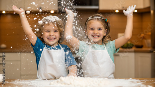 Two young children joyfully playing in the kitchen, covered in flour