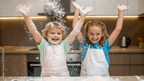 Two children playfully throwing flour in a kitchen, creating a joyful and messy moment of baking fun. Their faces are covered in flour, and they are smiling. The scene evokes feelings of childhood.