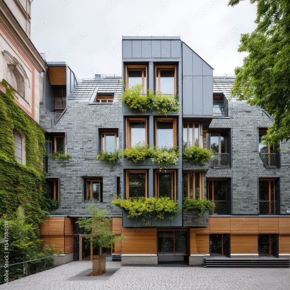 Fototapeta premium Revitalizing building facades with modern materials and energy-efficient methods for sustainability.