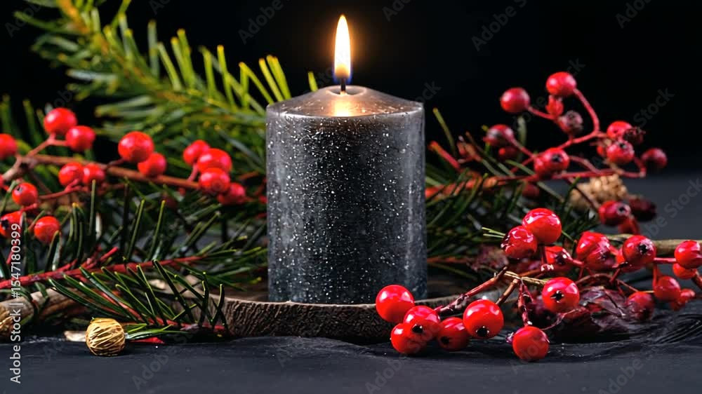 A black candle surrounded by red berries and green pine branches, creating a cozy ambiance