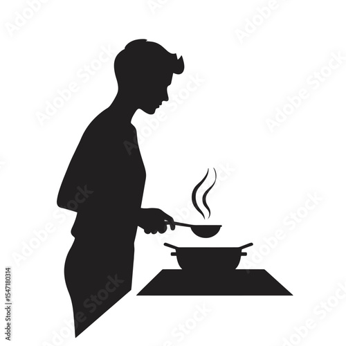 Black Silhouette Vector of Person Cooking in Kitchen with Pan or Ladle in Home Routine Activity on White Background Full HD
