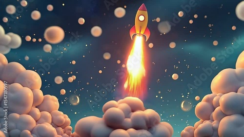 Cartoon rocket soars past clouds in space adventure with stars and cosmic dust