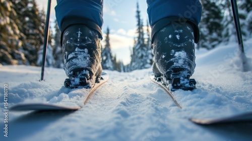 Eye-level perspective of skiing boots gliding through snowy landscape adventure