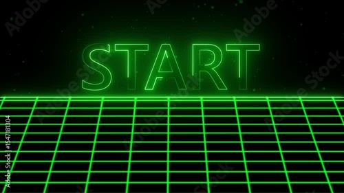 Start Glowing neon text Start animation on technology grid background.