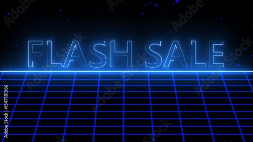 Glowing neon FLASH SALE while spark particles swirling to promote sale. Neon, futuristic, dynamic, vibrant, visual effects, digital, advertisement