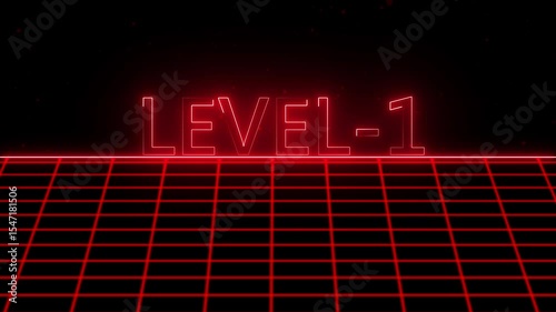 Level -1 text font with neon light with laser grid landscape. New quality universal vintage motion dynamic animated background colorful joyful video
