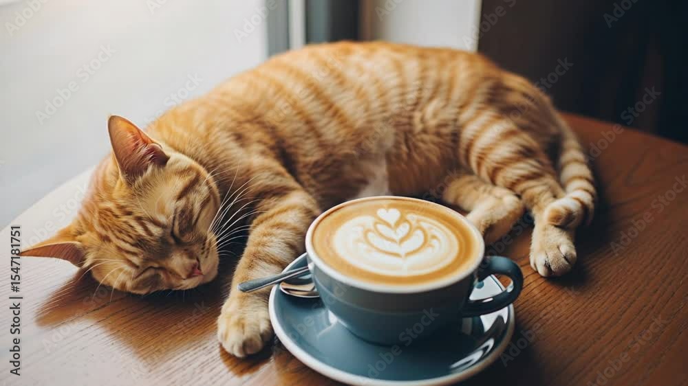 Cute ginger tabby cat napping next to a cup of coffee with latte art indoors