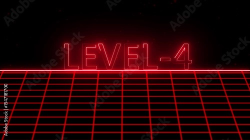 Level -4 text font with neon light with laser grid landscape. New quality universal vintage motion dynamic animated background colorful joyful video