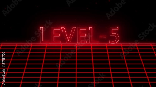 Level -5 text font with neon light with laser grid landscape. New quality universal vintage motion dynamic animated background colorful joyful video