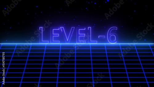 Level -6 text font with neon light with laser grid landscape. New quality universal vintage motion dynamic animated background colorful joyful video