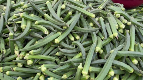 ladies finger Okra, also known as bhindi, lady's finger sale at market