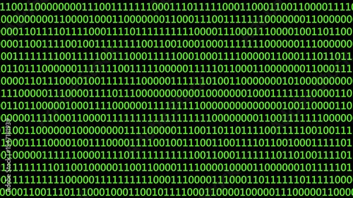 Glowing green binary digital code abstract background with randomly changing zeros and ones.