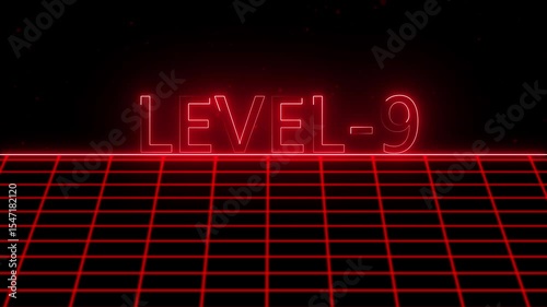 Level -9 text font with neon light with laser grid landscape. New quality universal vintage motion dynamic animated background colorful joyful video