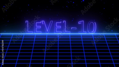 Level -10 text font with neon light with laser grid landscape. New quality universal vintage motion dynamic animated background colorful joyful video